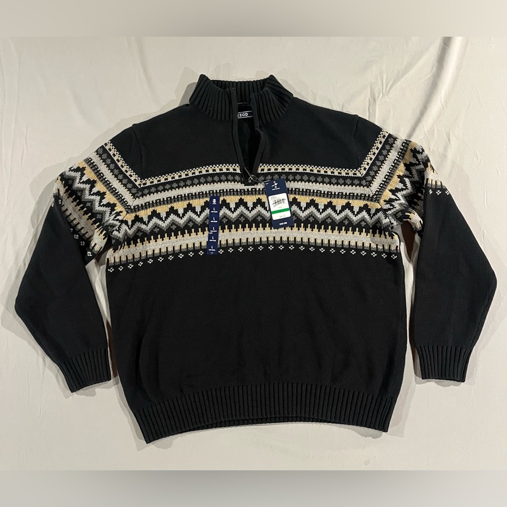 Izod NWT Men's Black Patterned quarter zip Sweater black Large